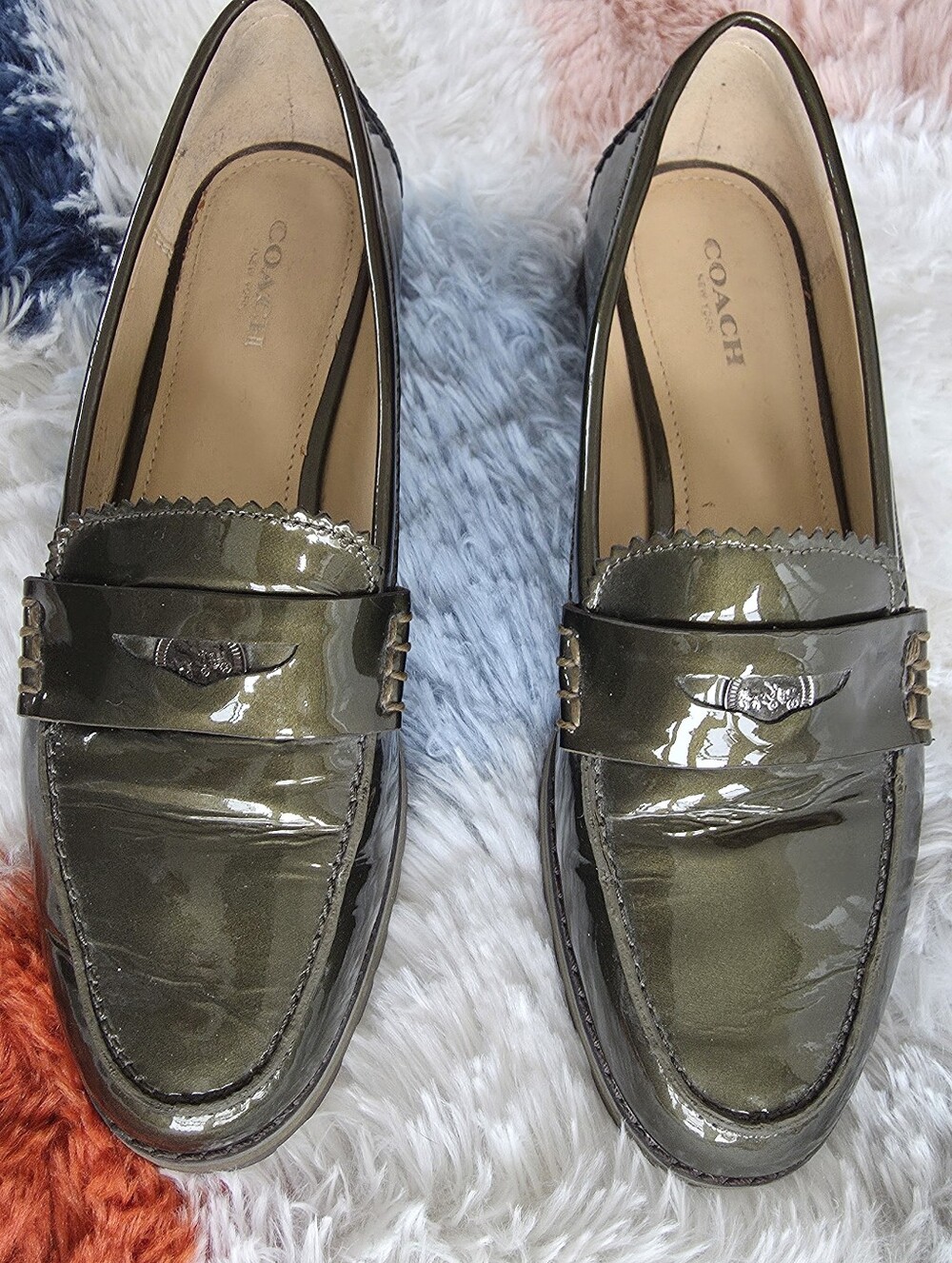 COACH Olive Patent Leather Penny Loafers